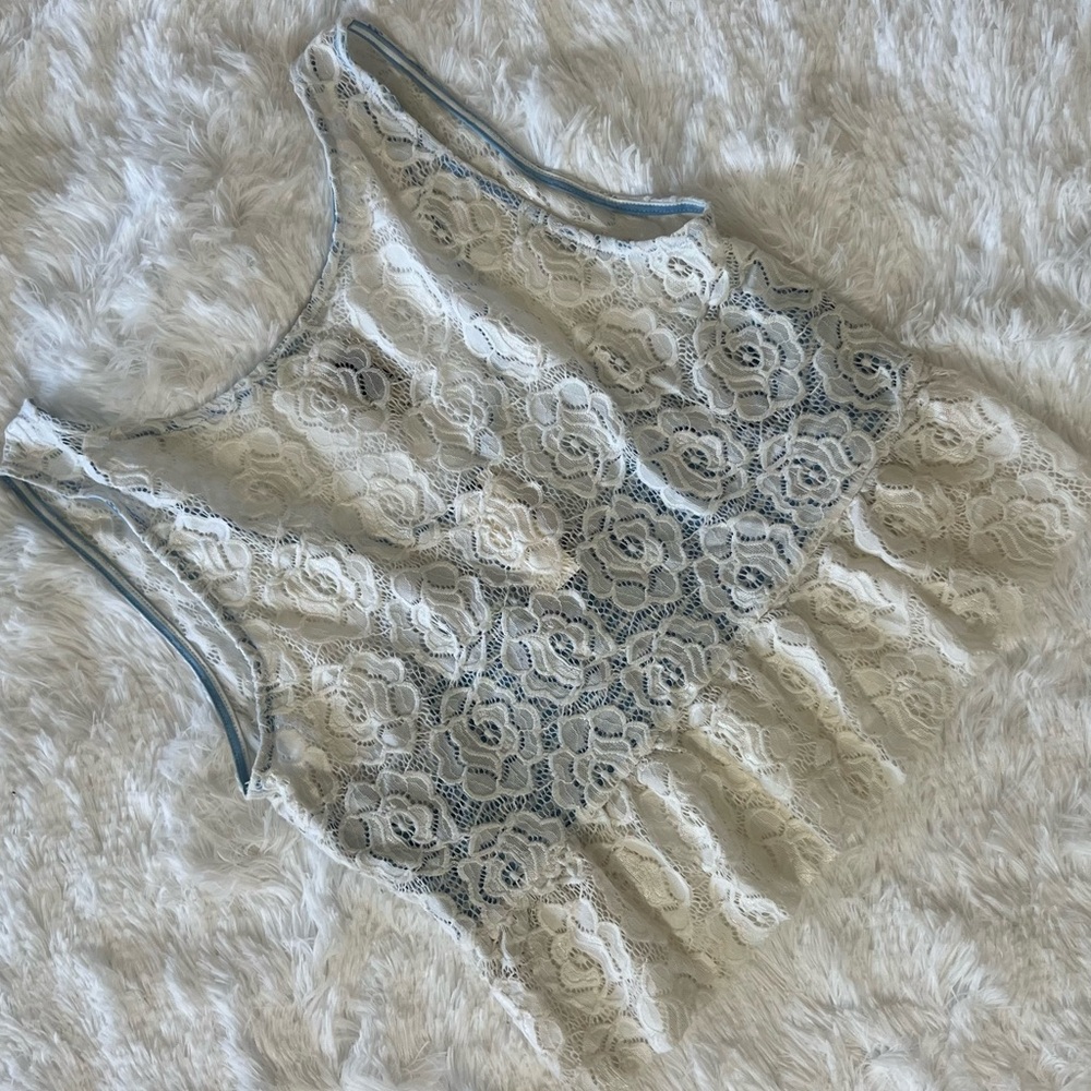 Anthropologie Maeve White Lace Peplum Crop Top with Light Blue Underlay - Picture 10 of 15